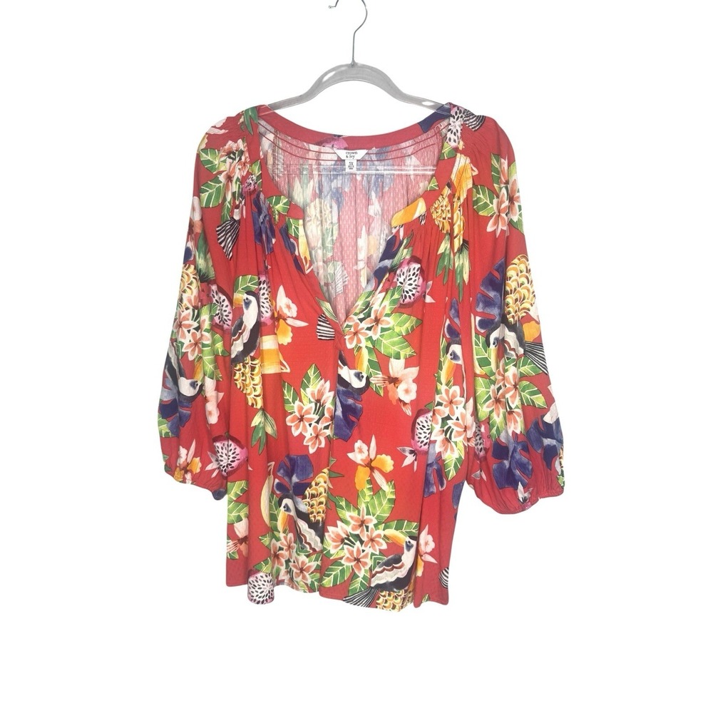 Crown & Ivy Tunic Top Size 3X Tropical Floral Print Resort Wear Vacation Shirt